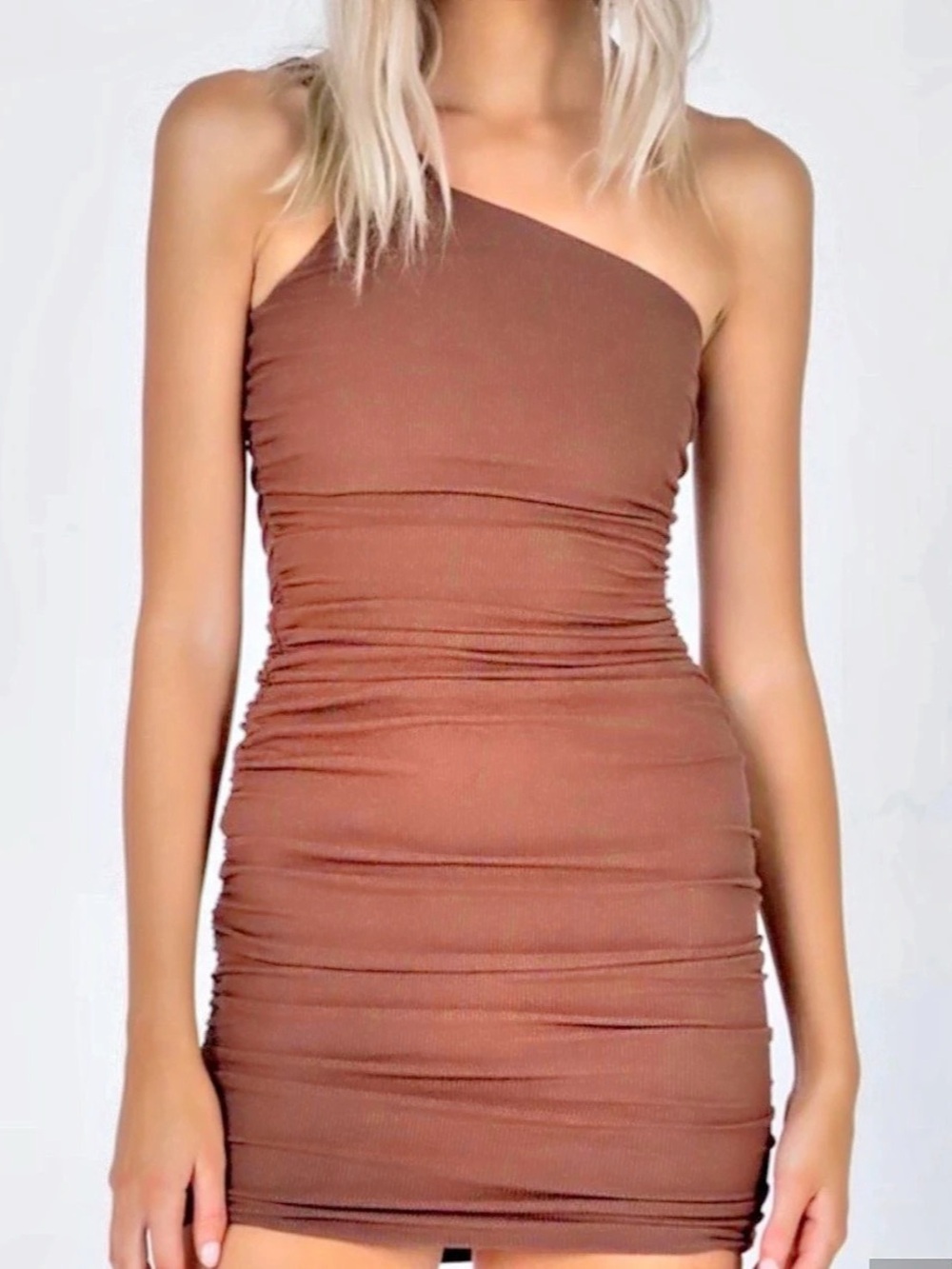Princess Polly Ruched One-Shoulder Mini Dress in Brown XXS